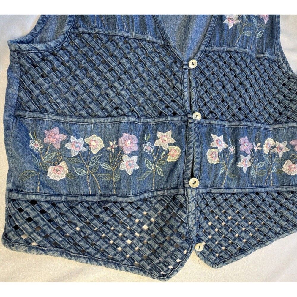 Vtg Tantrum Blues Floral Jean Vest LP Cottagecore Coastal Grandma Boho Lattice - Picture 2 of 11